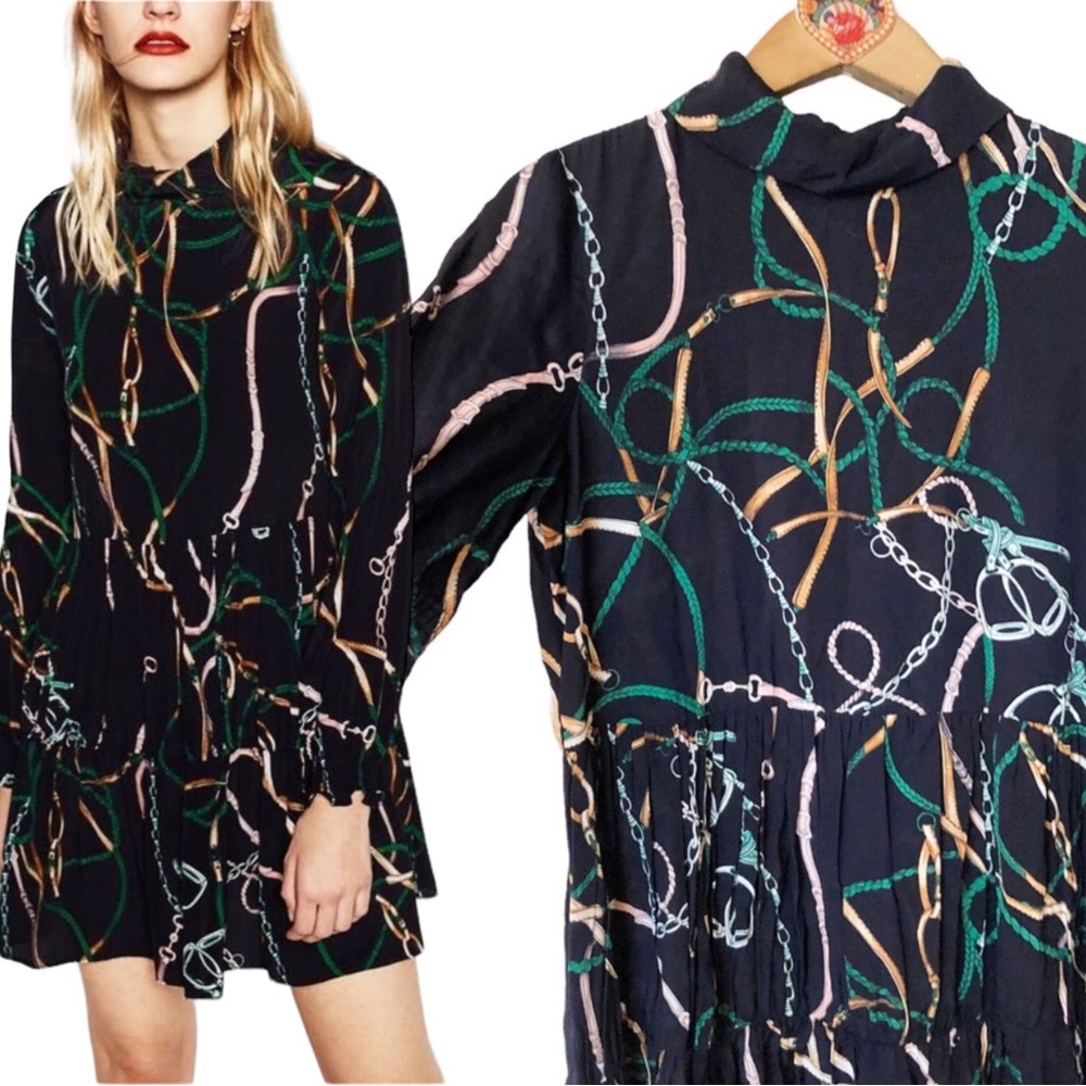 Zara Black Mini Dress with Green, Pink & Gold Chain Print